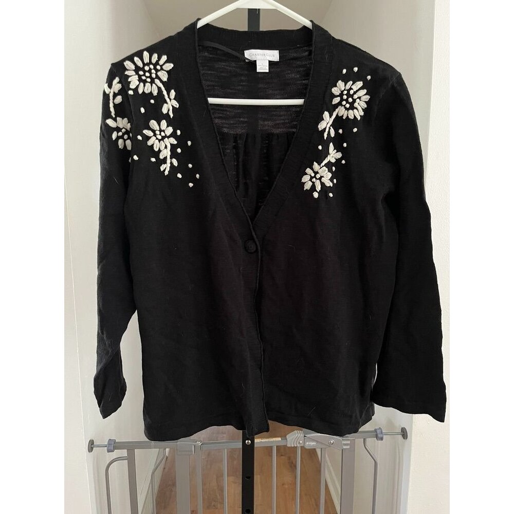 EUC Charter Club Black Cardigan With Embroidered Floral Design 100% Cotton Light